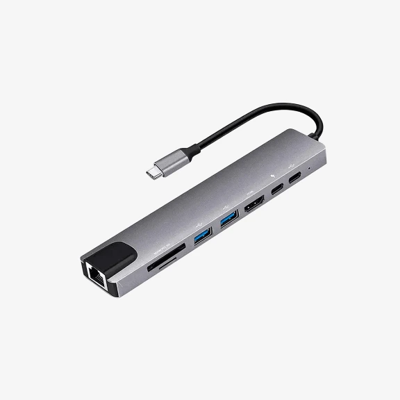 [001206] HUB USB C 8 en 1 Para Lapotop con RJ45, HDMI, Puertos Tipo C, USB y Lector SD