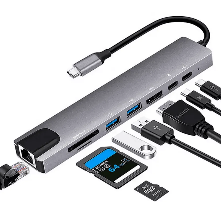 [CMX-ACC-GEN-HUB] HUB USB C 8 en 1 Para Lapotop con RJ45, HDMI, Puertos Tipo C, USB y Lector SD