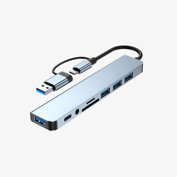 [001210] Hub USB C 8 en 1 de aluminio con puertos USB 3.0, USB tipo C, Puerto AUX, lector SD